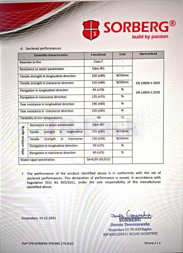 SORBERG STRONG 170g/m2, 3 rétegű páraáteresztő tetőfólia 75m2